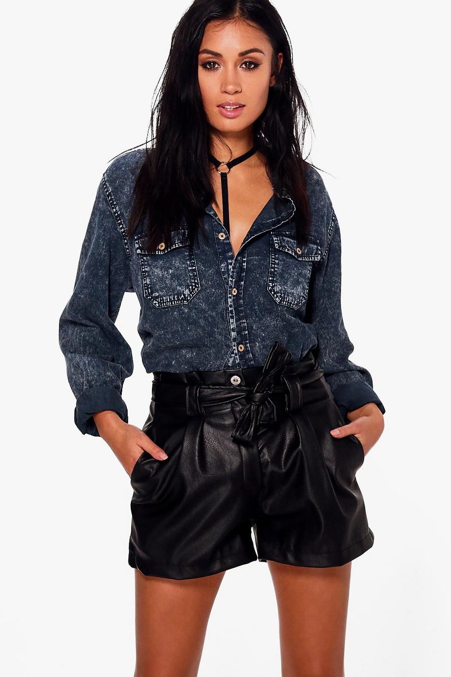 Black Jenny Belted Faux Leather Shorts image number 1