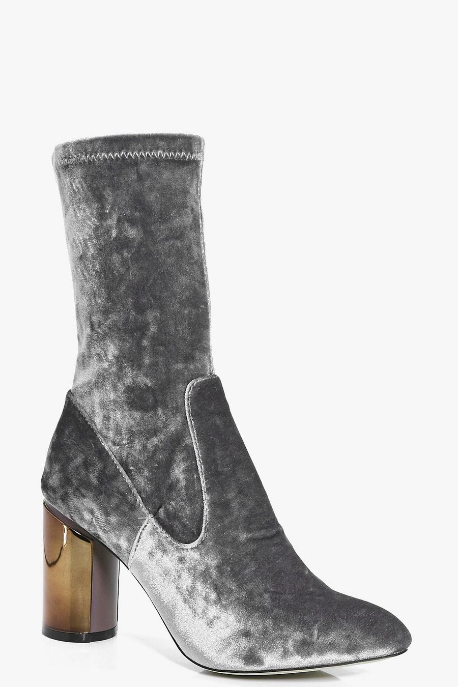 Grey Aimee Metallic Heel Crushed Velvet Sock Boot image number 1