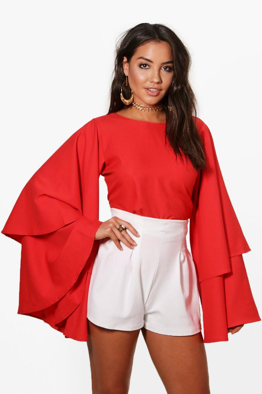 Red Exaggerated Tiered Sleeve V Back Top image number 1