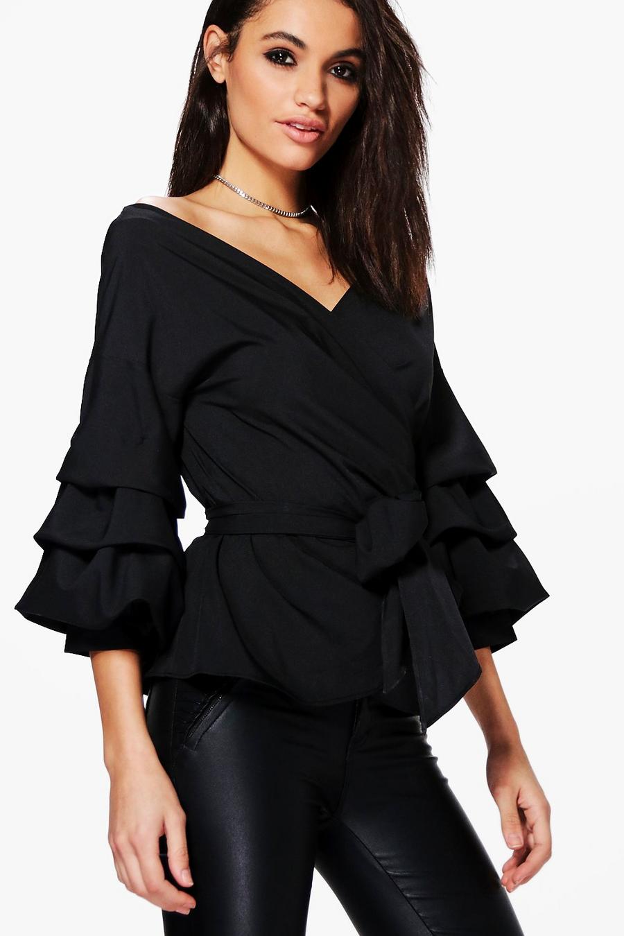 Black Ruffle Tiered Sleeve Wrap Top image number 1