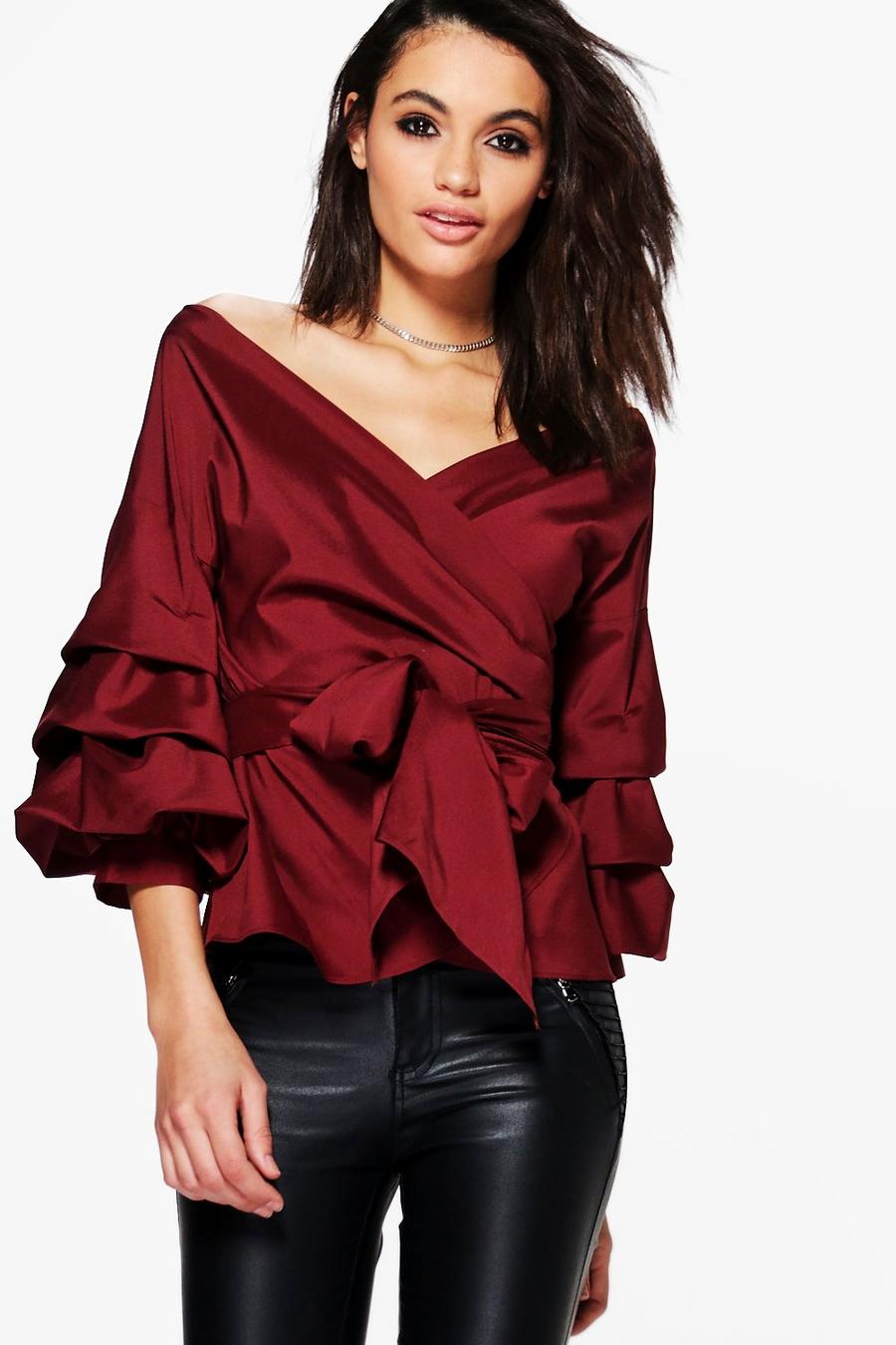 Wine Ruffle Tiered Sleeve Wrap Top image number 1