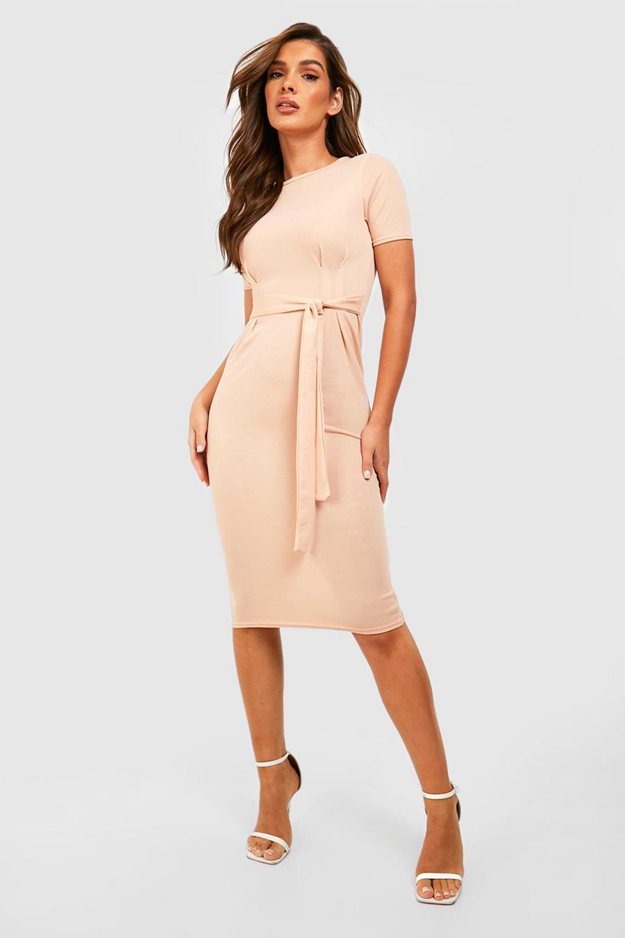 Nude Jersey Knit Crepe Pleat Front Belted Midi Dress
