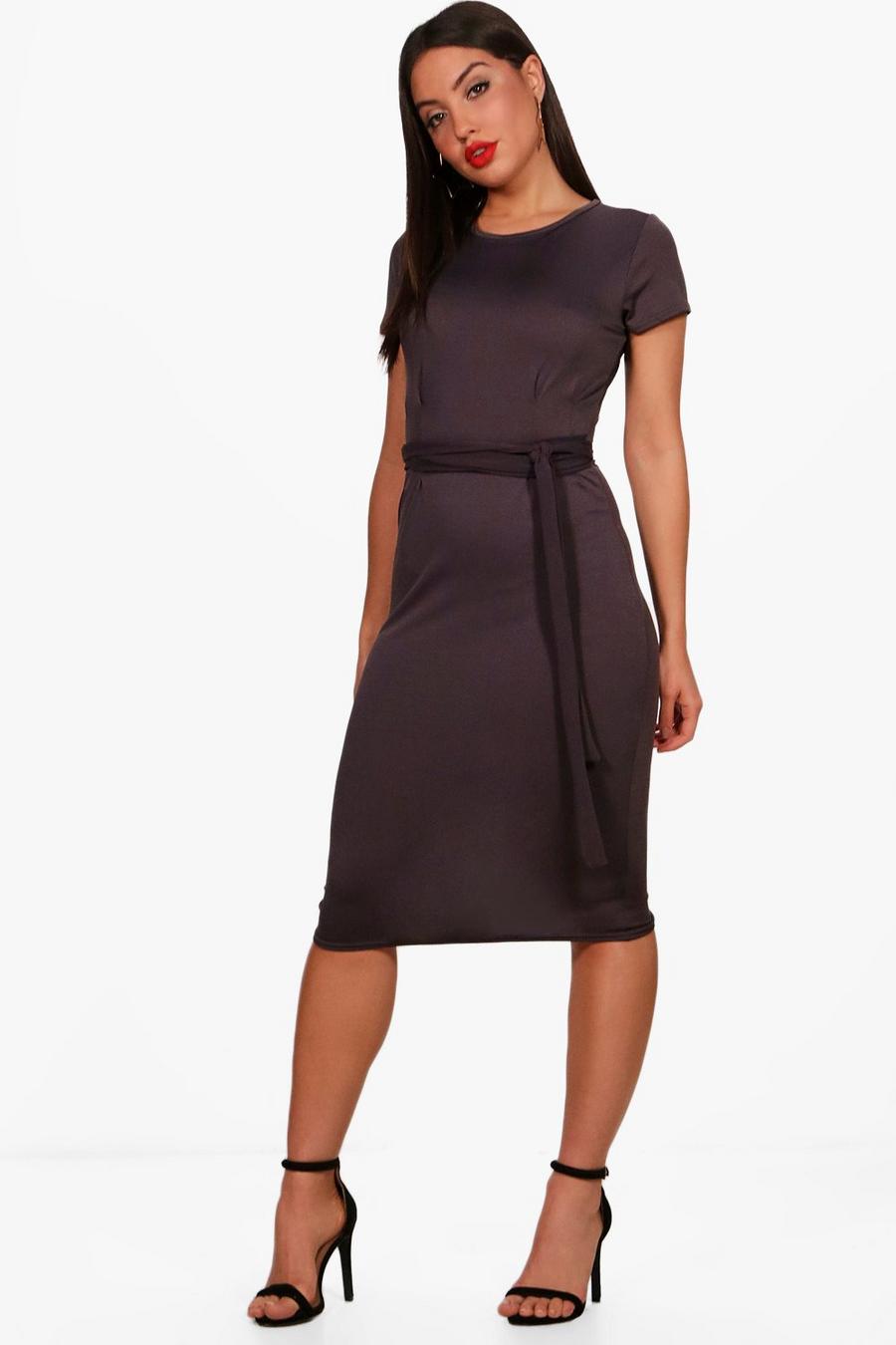 Smoke Jersey Knit Crepe Pleat Front Belted Midi Dress image number 1