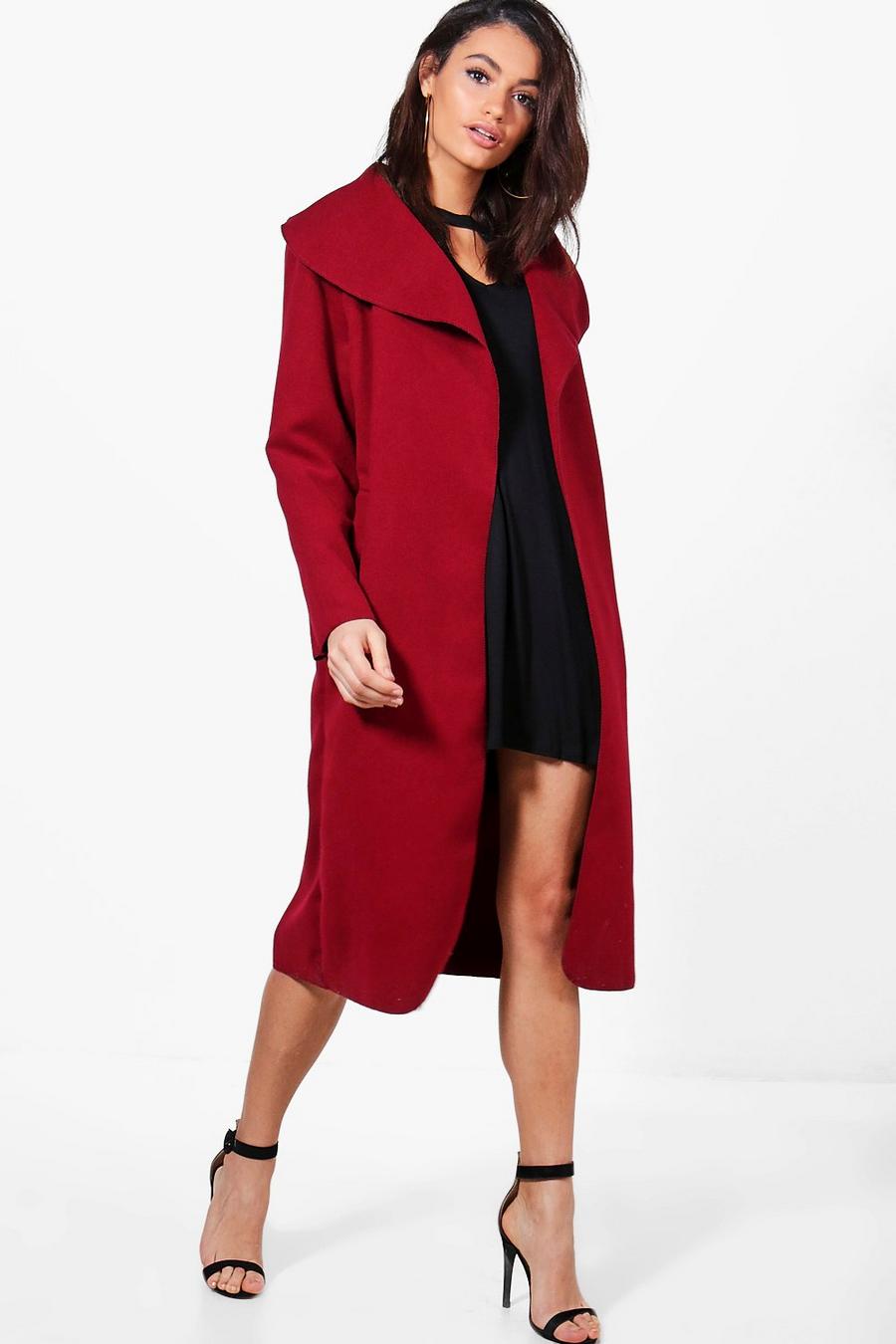 Wine Belted Shawl Collar Coat image number 1