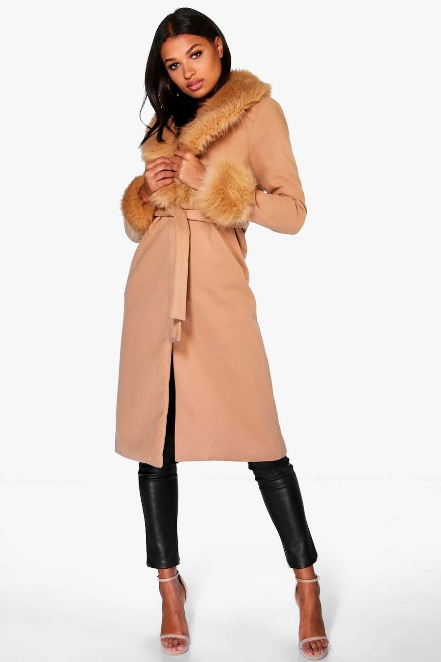 Camel Amelie Faux Fur Cuff and Collar Coat image number 1