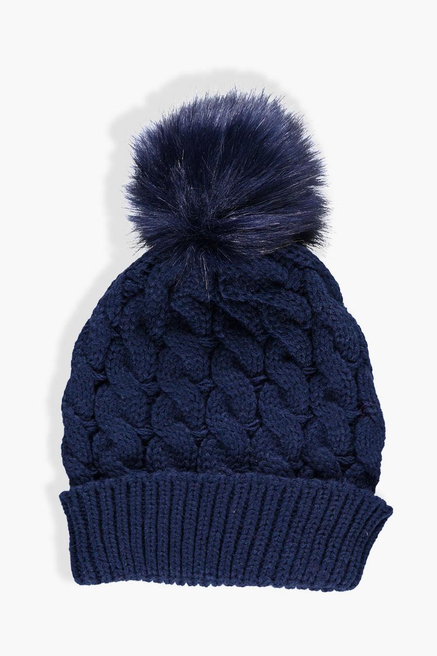 Faye Faux Fur Pom Chunky Knit Beanie Hat image number 1