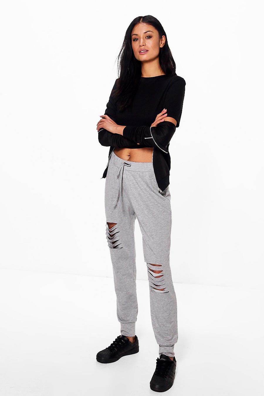 Grey Athira Distressed Ripped Knee Relaxed Joggers image number 1