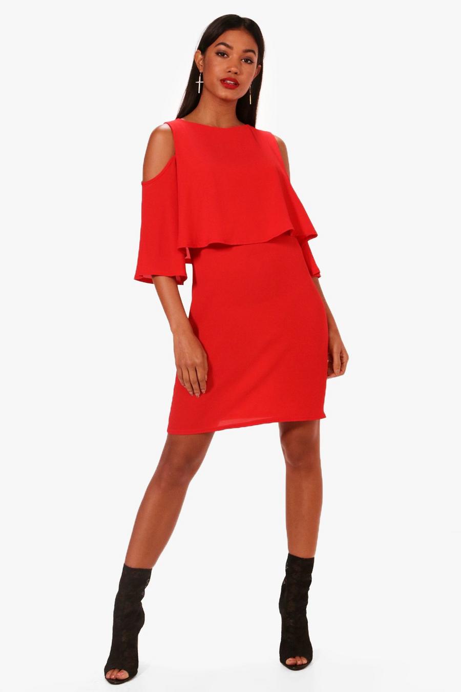 Red Cold Shoulder Double Layer Dress image number 1