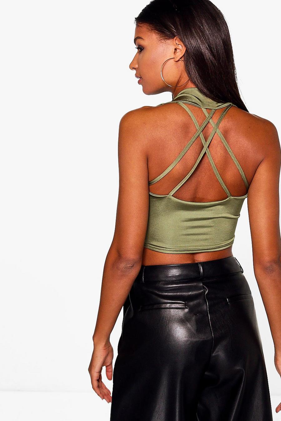 Khaki Katie Strappy Back Cowl Neck Crop Top image number 1
