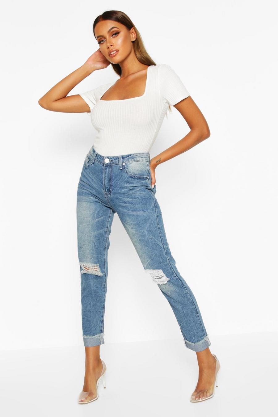 Middenblauw Mid Rise Marmer Wash Mom Jeans image number 1