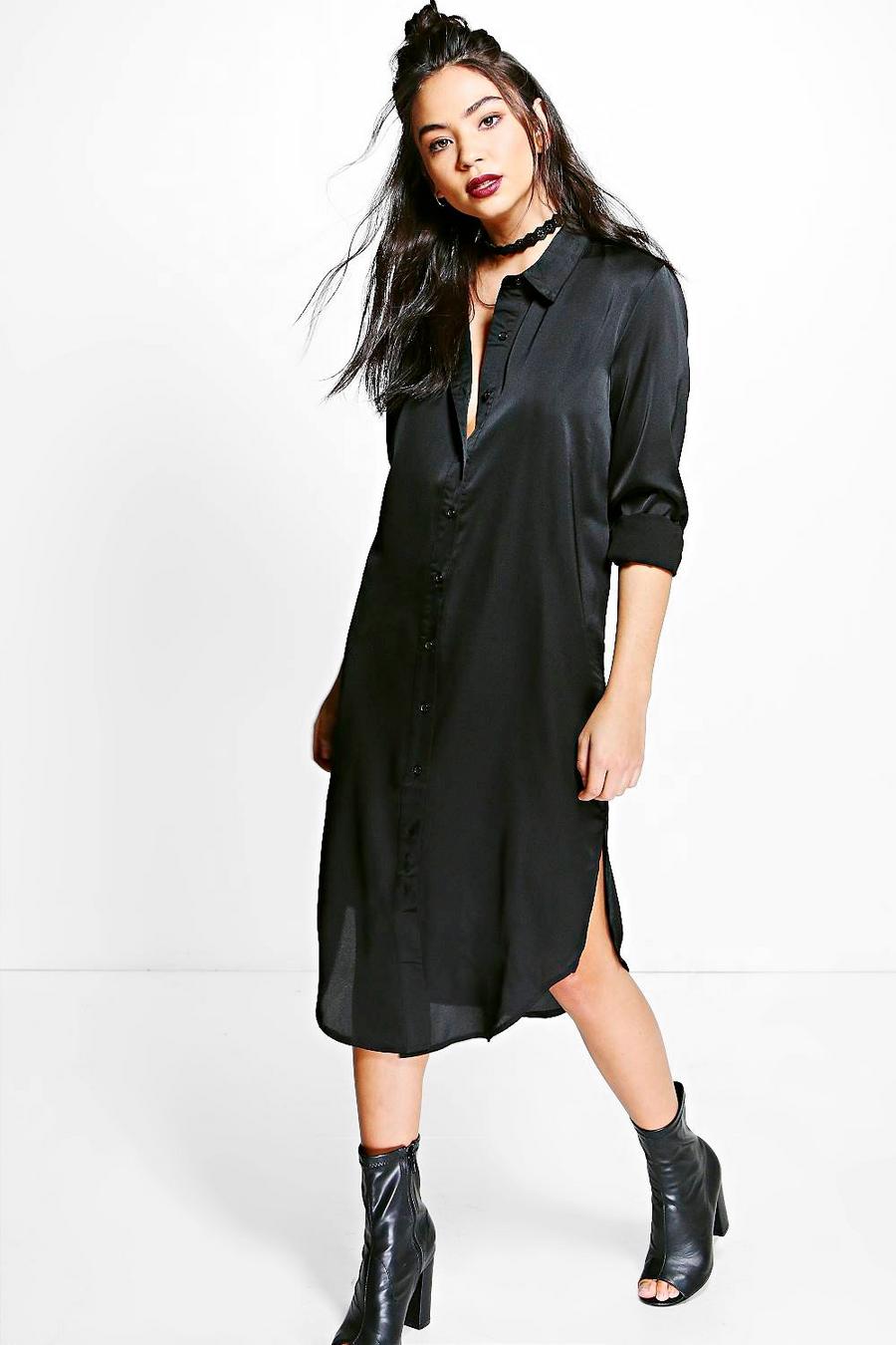 Black Charlie Satin Midi Shirt Dress image number 1