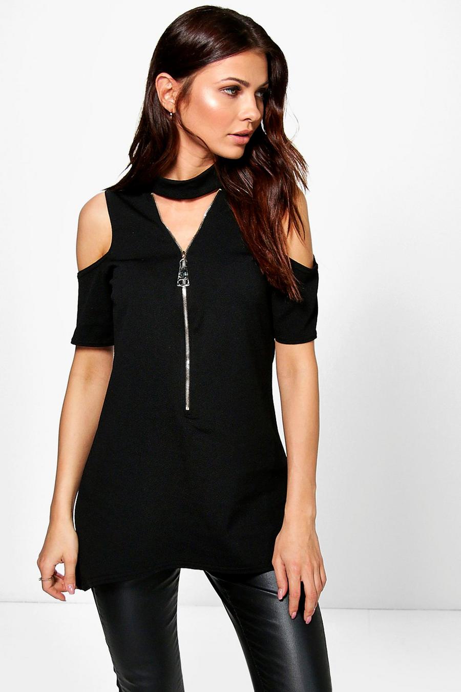 Molly Zip Through Choker Cold Shoulder Top image number 1