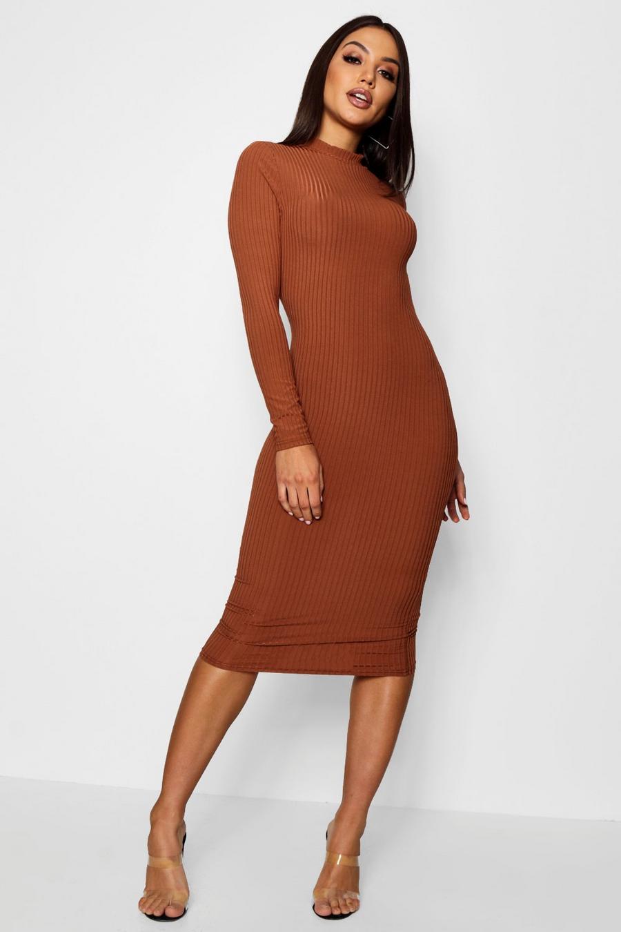 Tan Basics Ribbed High Neck Long Sleeved Midi Dress image number 1