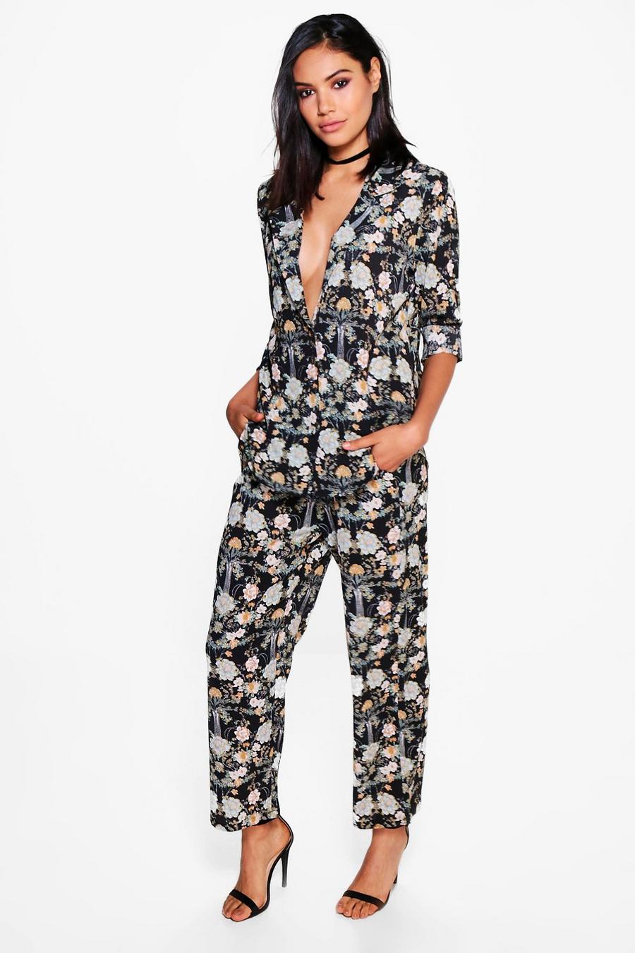 Black Jenna Botanical Floral Woven Pyjama Style Co-Ord image number 1