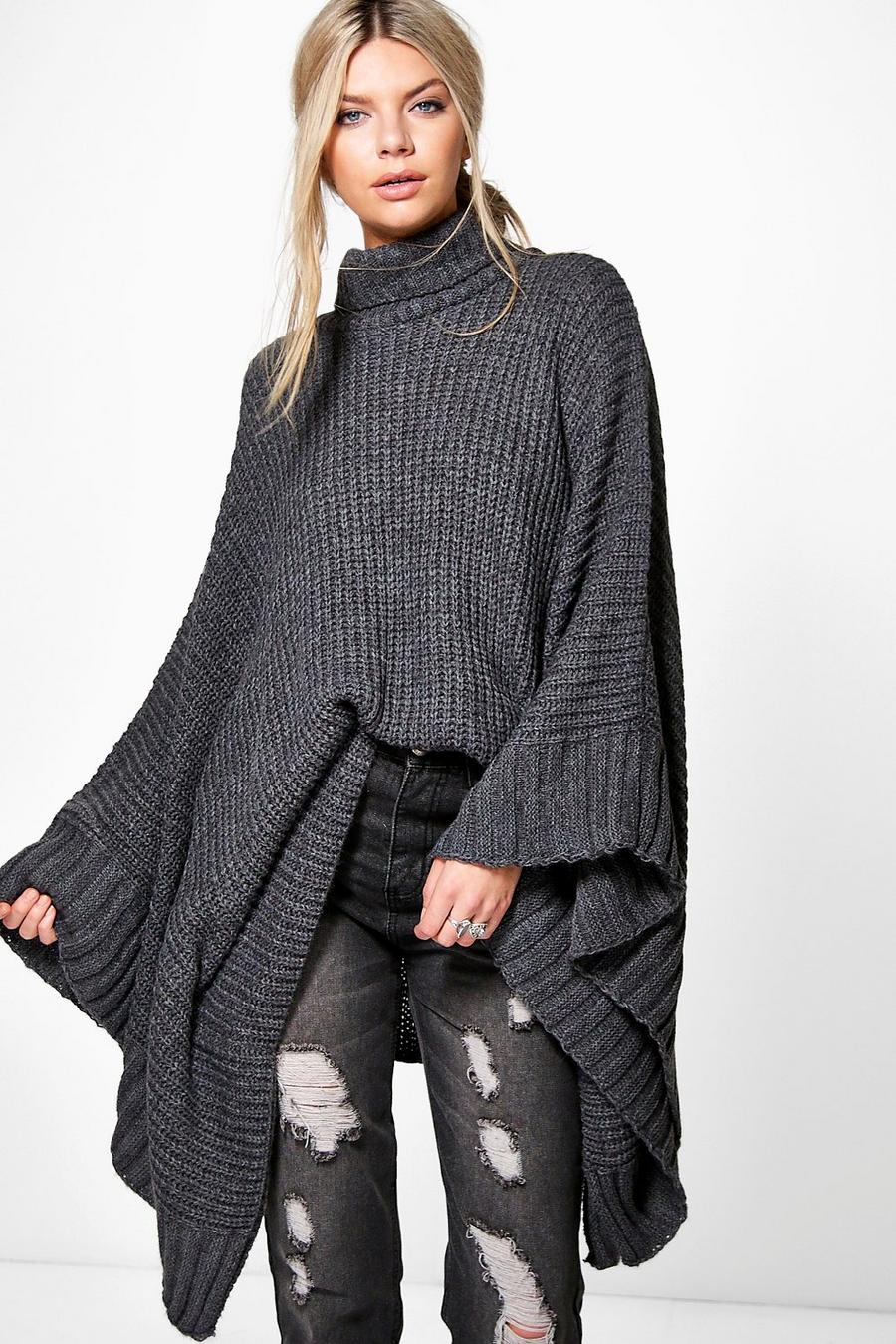 Charcoal Scarlett Turtleneck Soft Knit Poncho Sweater image number 1
