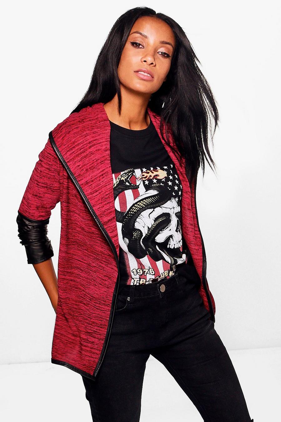 Dark red Anna Leather Look Sleeve Waterfall Cardigan image number 1
