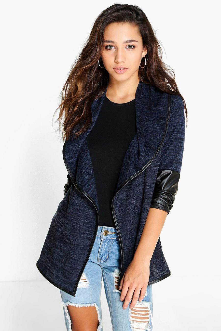 Navy Anna Faux Leather Sleeve Waterfall Cardigan image number 1