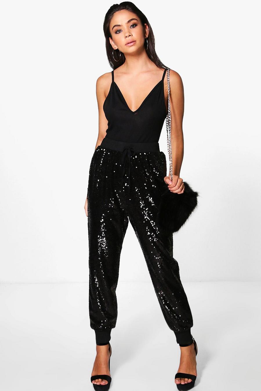 Black Savannah All Over Sequin Relaxed Track Pants image number 1