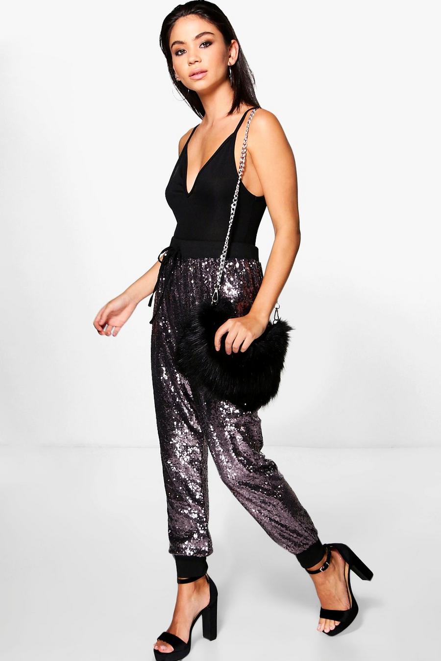 Gun metal Savannah All Over Sequin Relaxed Track Pants image number 1