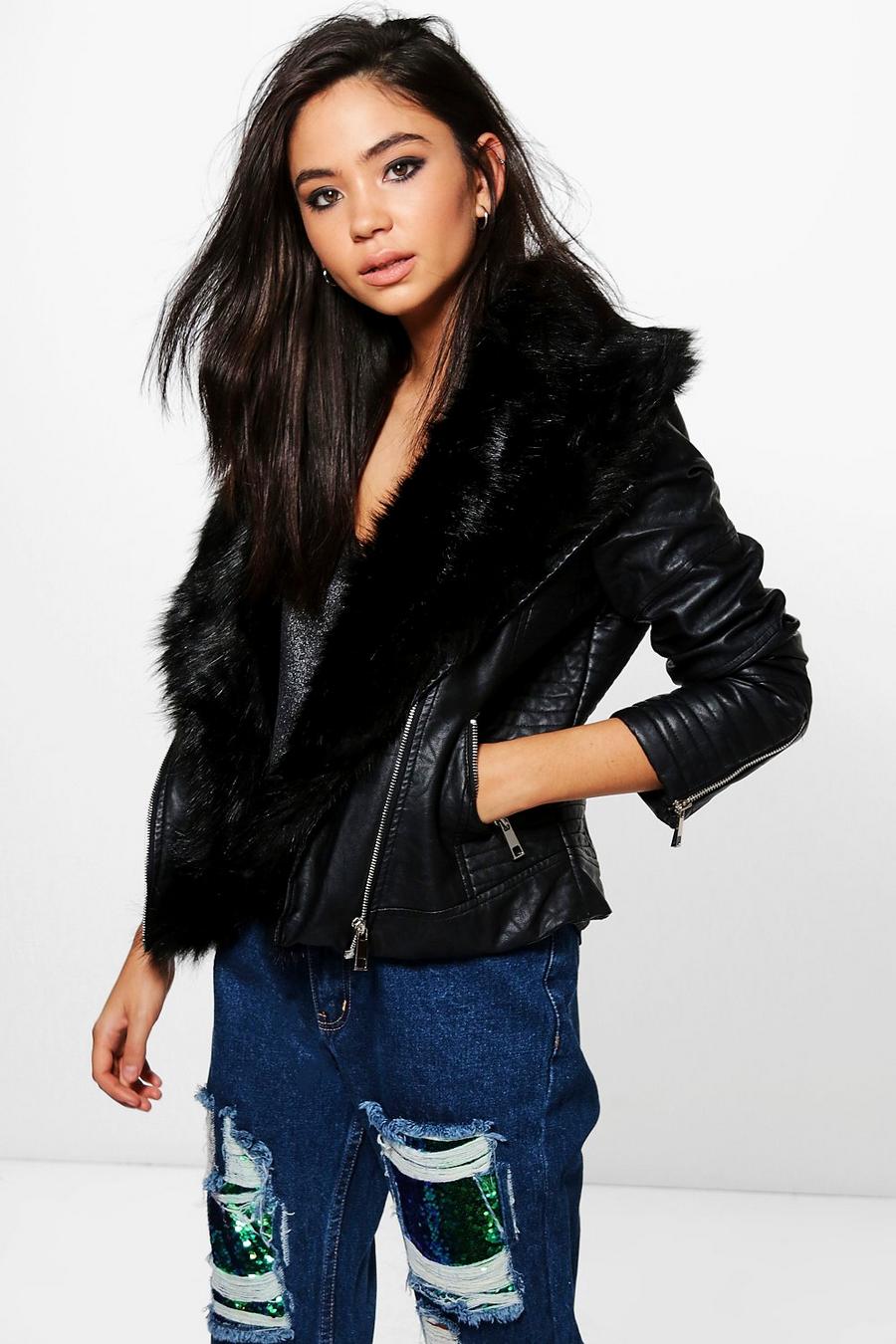 Black Saskia Boutique Faux Fur Trim Moto Jacket image number 1