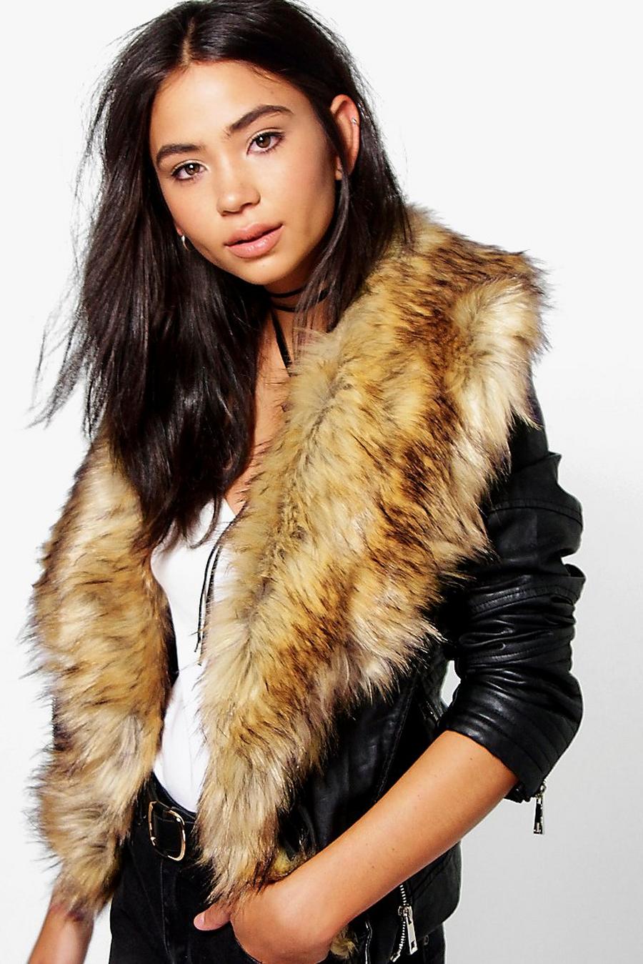 Natural Saskia Boutique Faux Fur Trim Moto Jacket image number 1