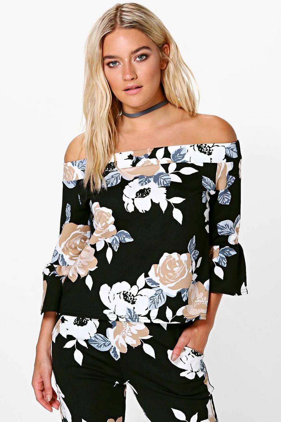 Black Bethany Floral Bell Sleeve Top image number 1