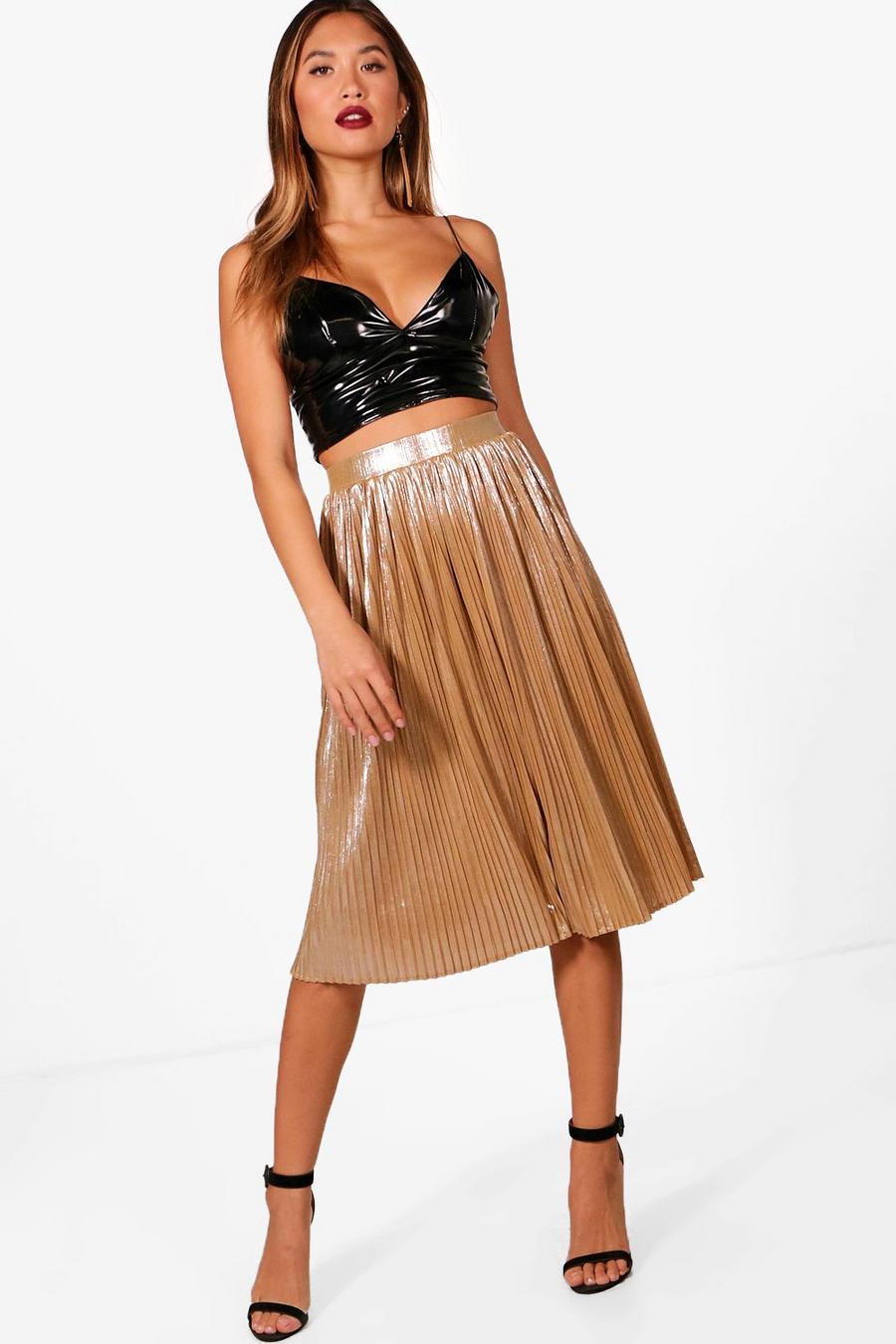 Gold Metallic Pleated Midi Skirt image number 1