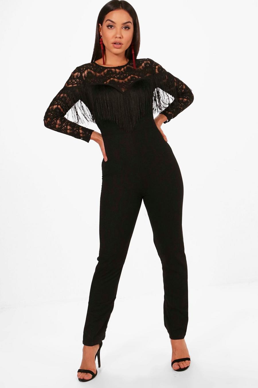 Black Corded Lace Tassel Body Long Sleeve Jumpsuit image number 1