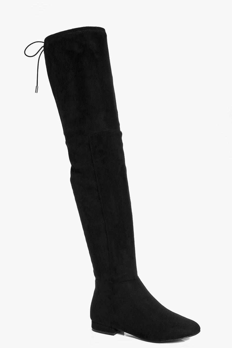 Black Wide Width Flat Thigh High Tie Back Boots image number 1