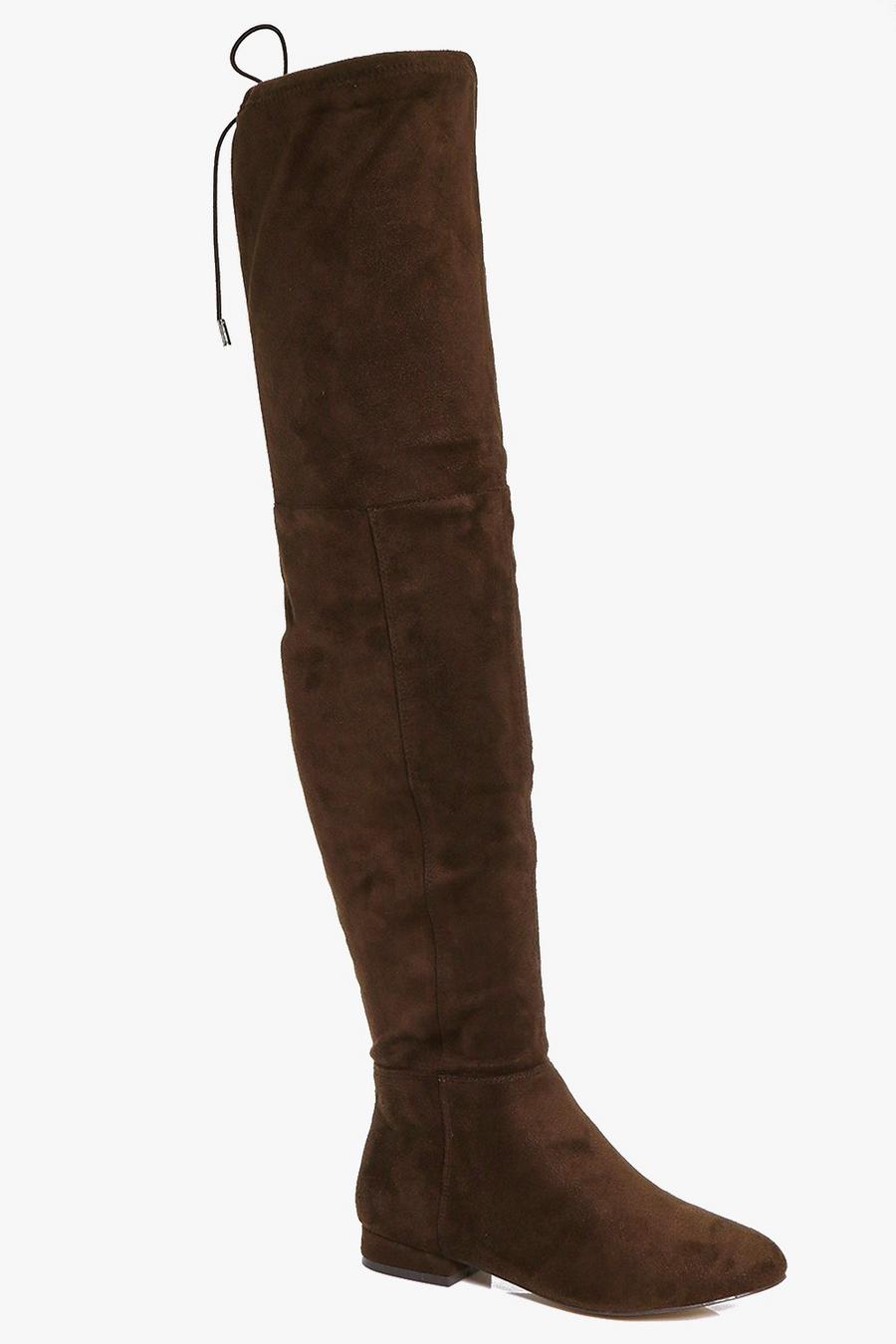 Mocha Wide Fit Flat Thigh High Tie Back Boots image number 1