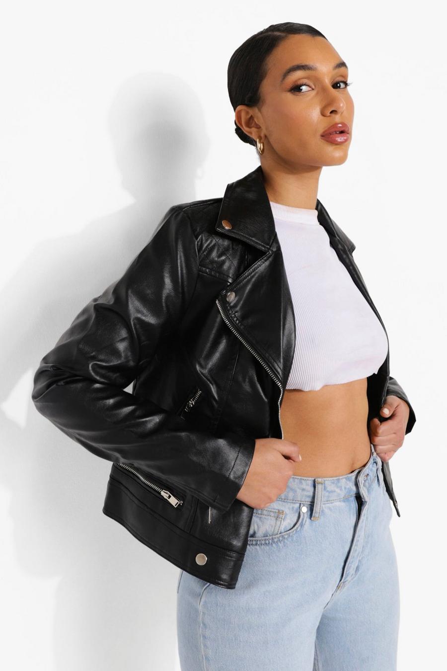 Black Faux Leather Moto Jacket With Quilt Detail image number 1
