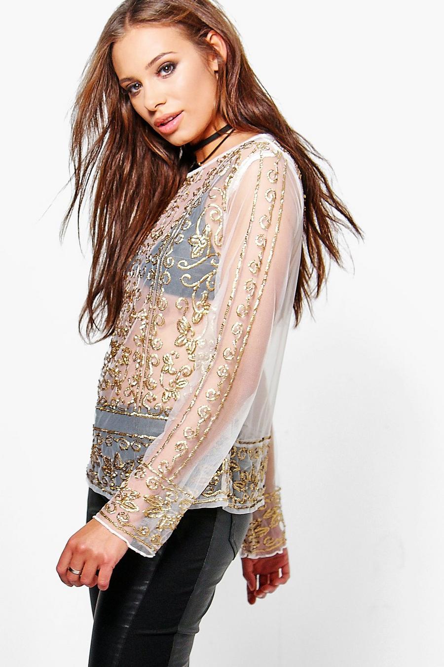 Ivory Leah Sequin Mesh Long Sleeve Top image number 1