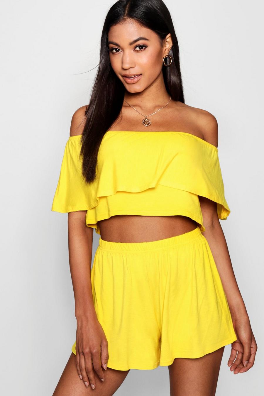Yellow Off The Shoulder Top & Shorts Co-Ord Set image number 1