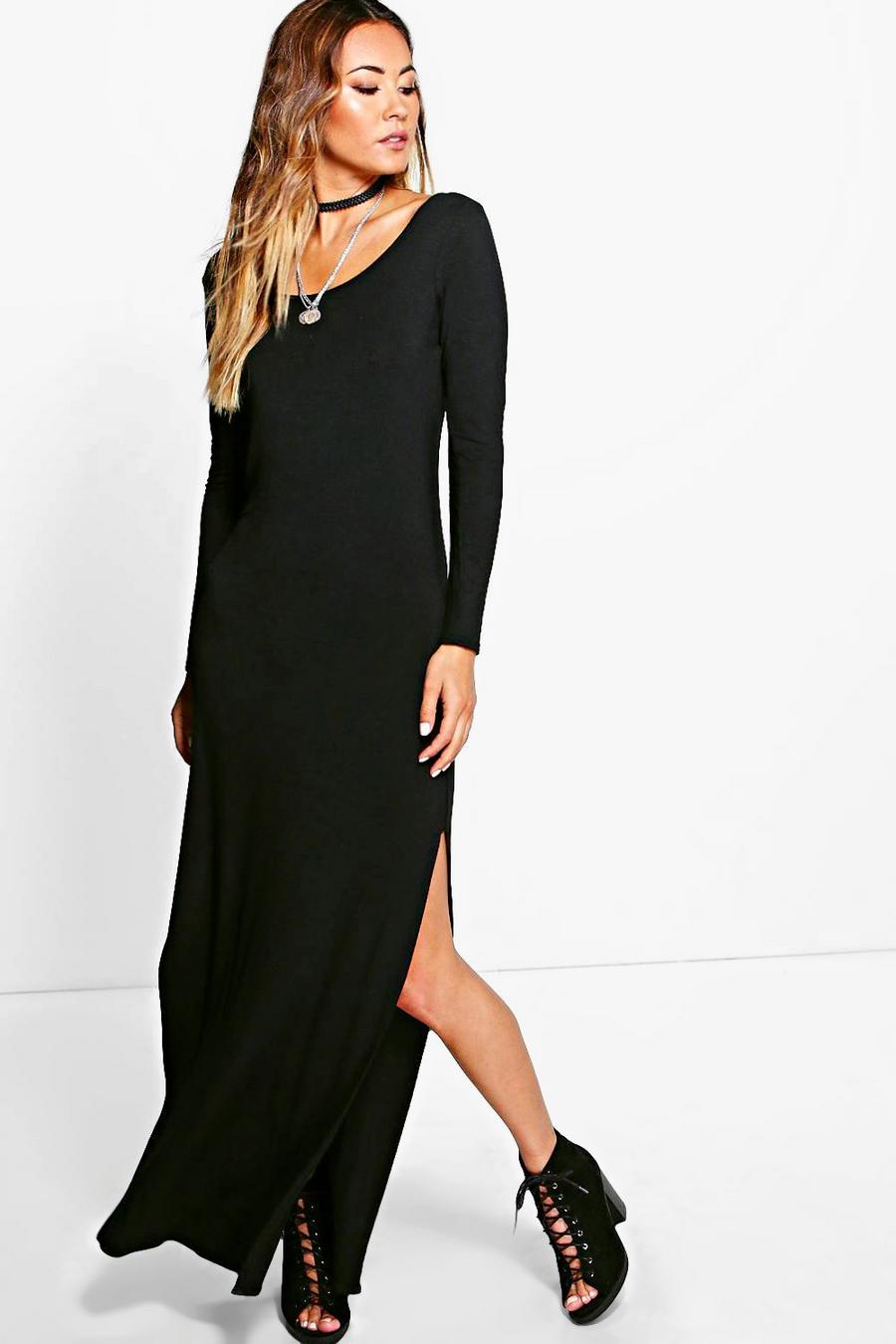 Black Long Sleeve Side Split Maxi Dress image number 1