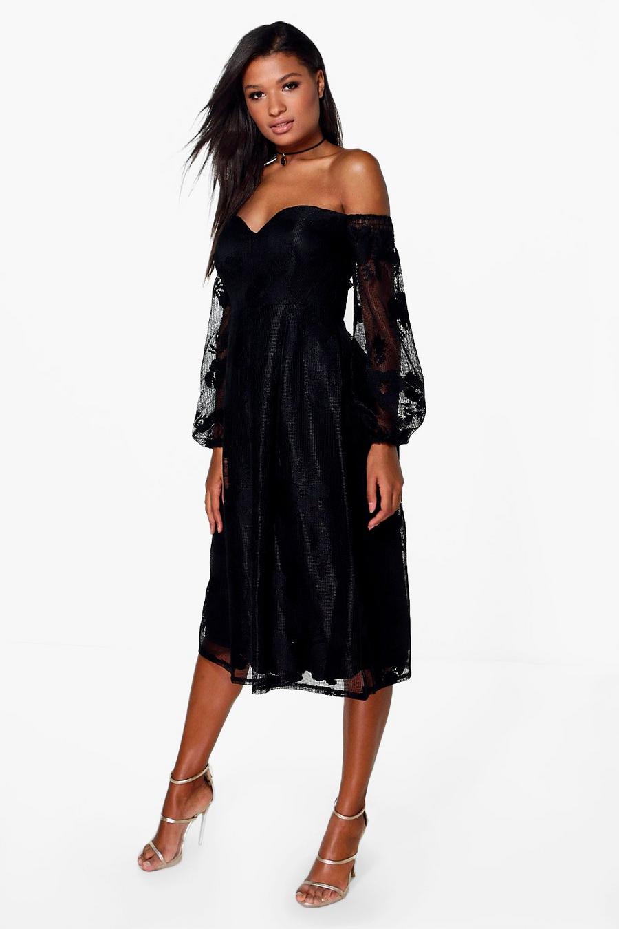 Black Boutique Lace Off The Shoulder Midi Bridesmaid Dress image number 1