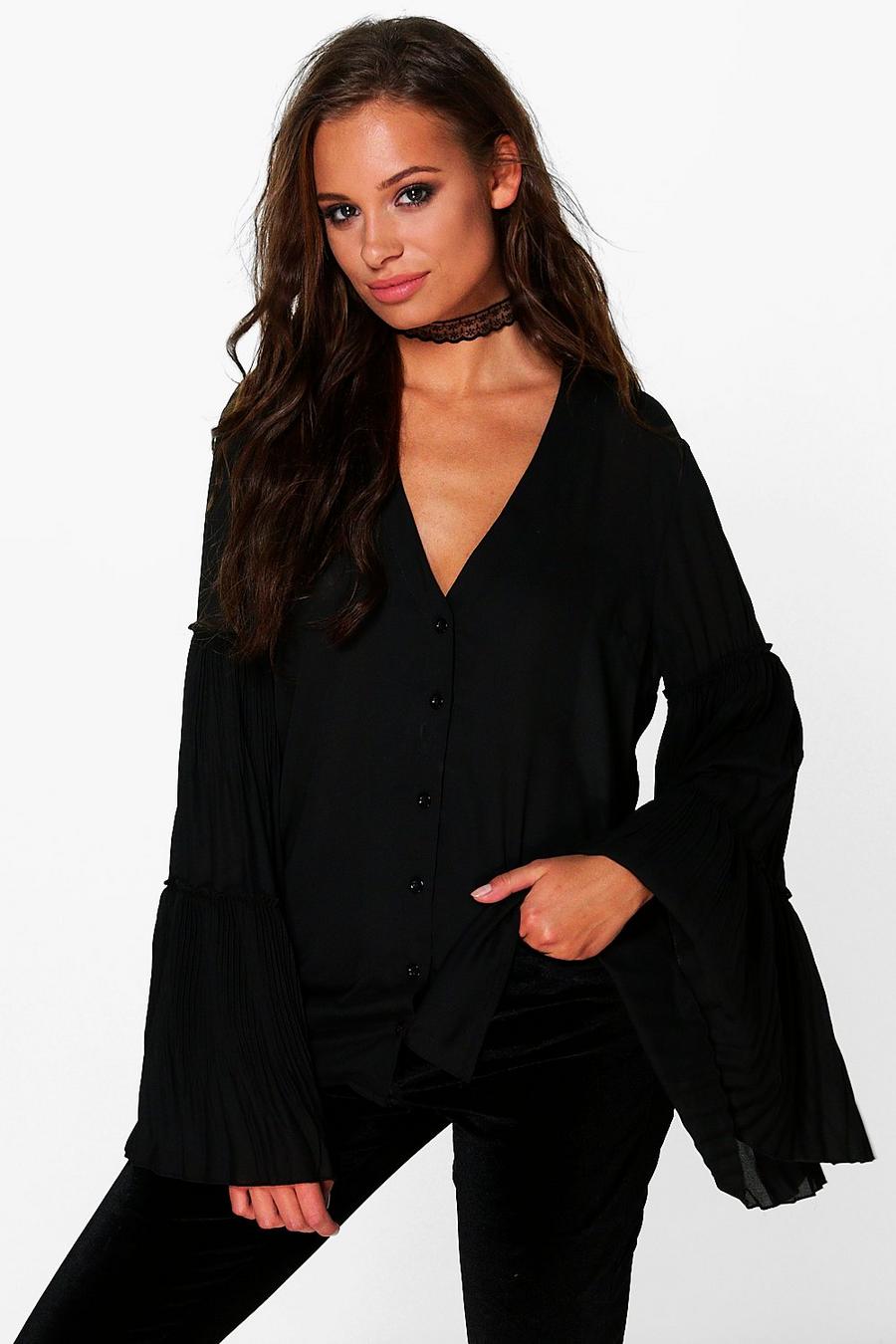 Blusa con maniche a flauto e pieghe, Nero image number 1