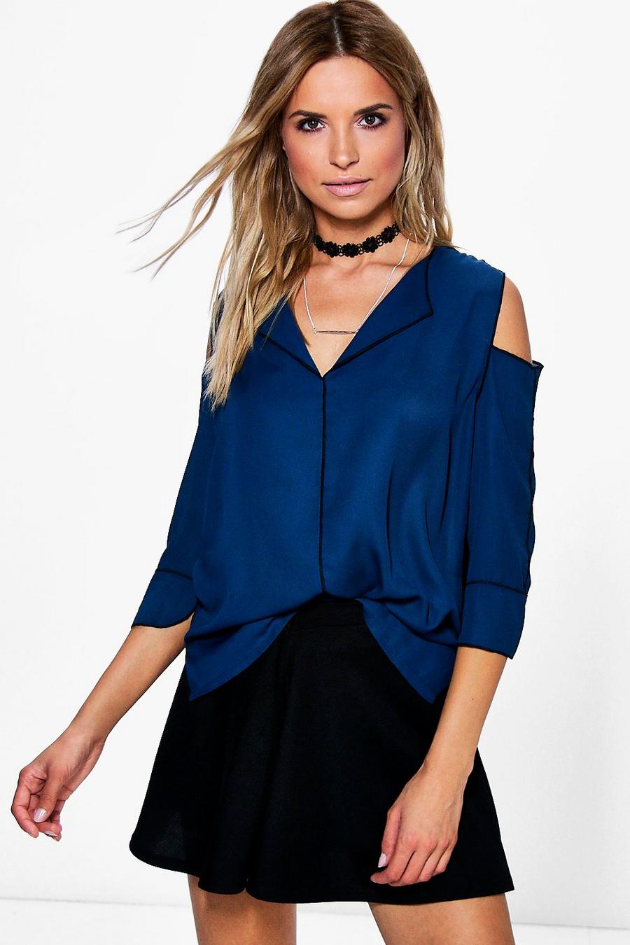 Ona Cold Shoulder Piped Pajama Blouse image number 1