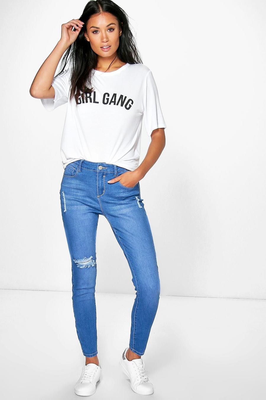 Meg Bright Blue Ripped Skinny Jeans image number 1