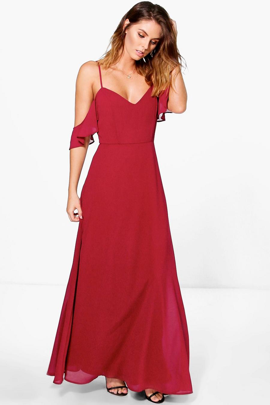Berry Chiffon Strappy Cold Shoulder Maxi Bridesmaid Dress image number 1