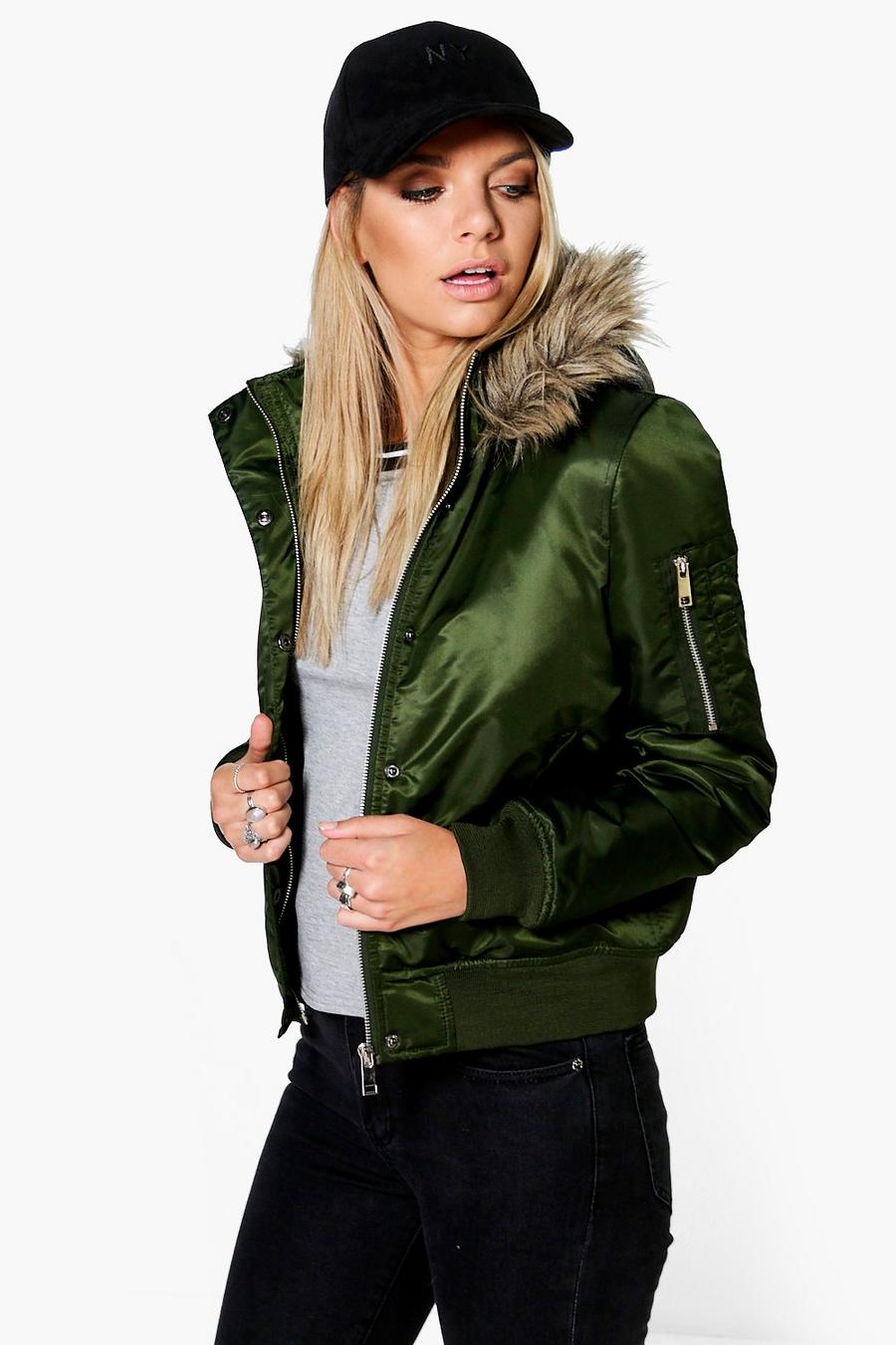 Khaki Leah Faux Fur Hood Crop Bomber Jacket image number 1