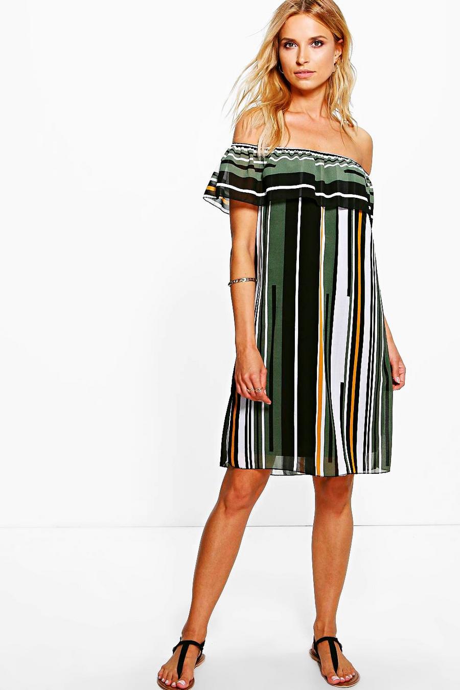 Green Striped Off The Shoulder Dress image number 1