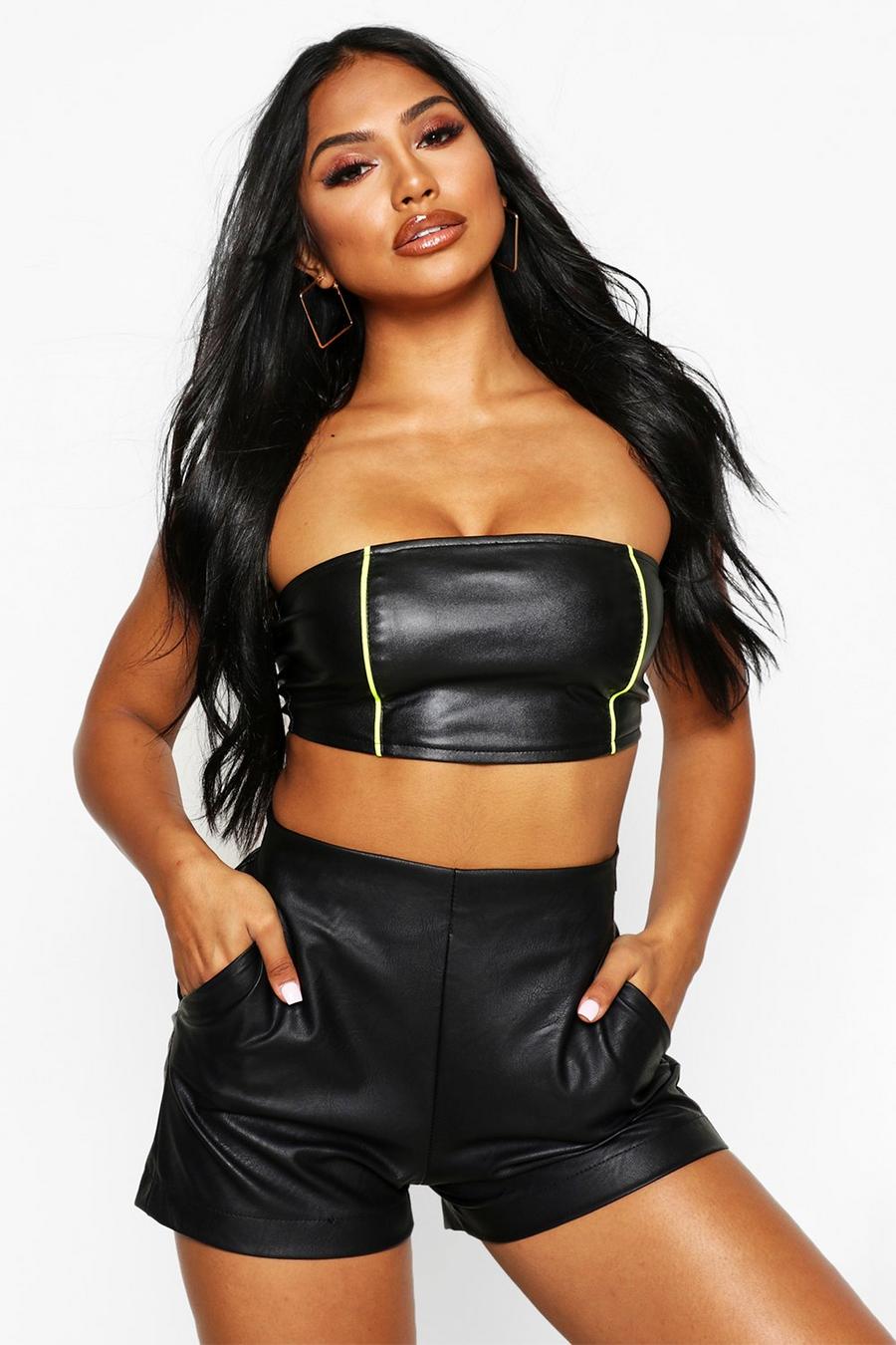 Black High Waisted Faux Leather Shorts image number 1