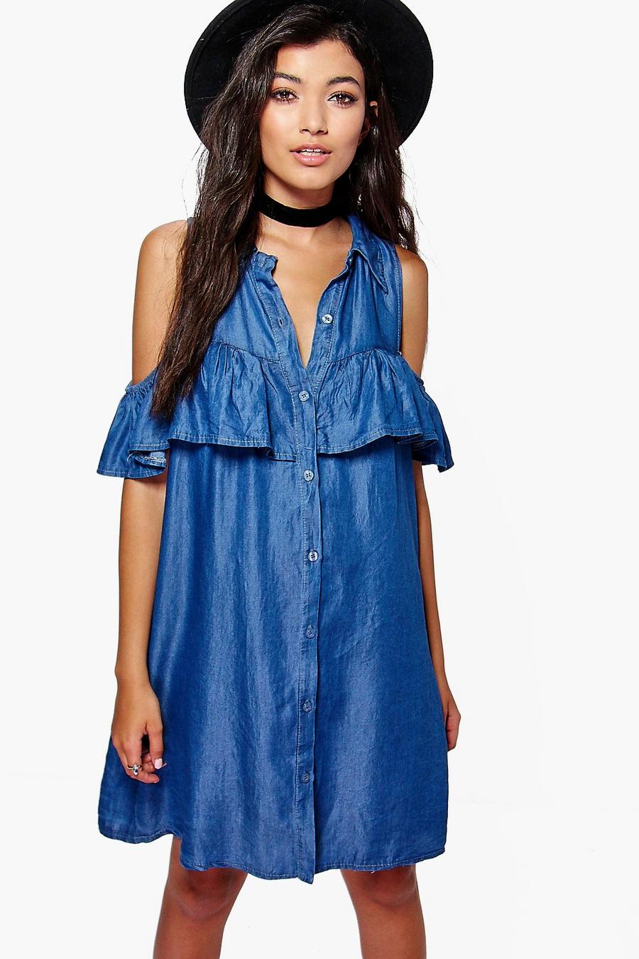 Blue Leah Ruffle Cold Shoulder Denim Dress image number 1