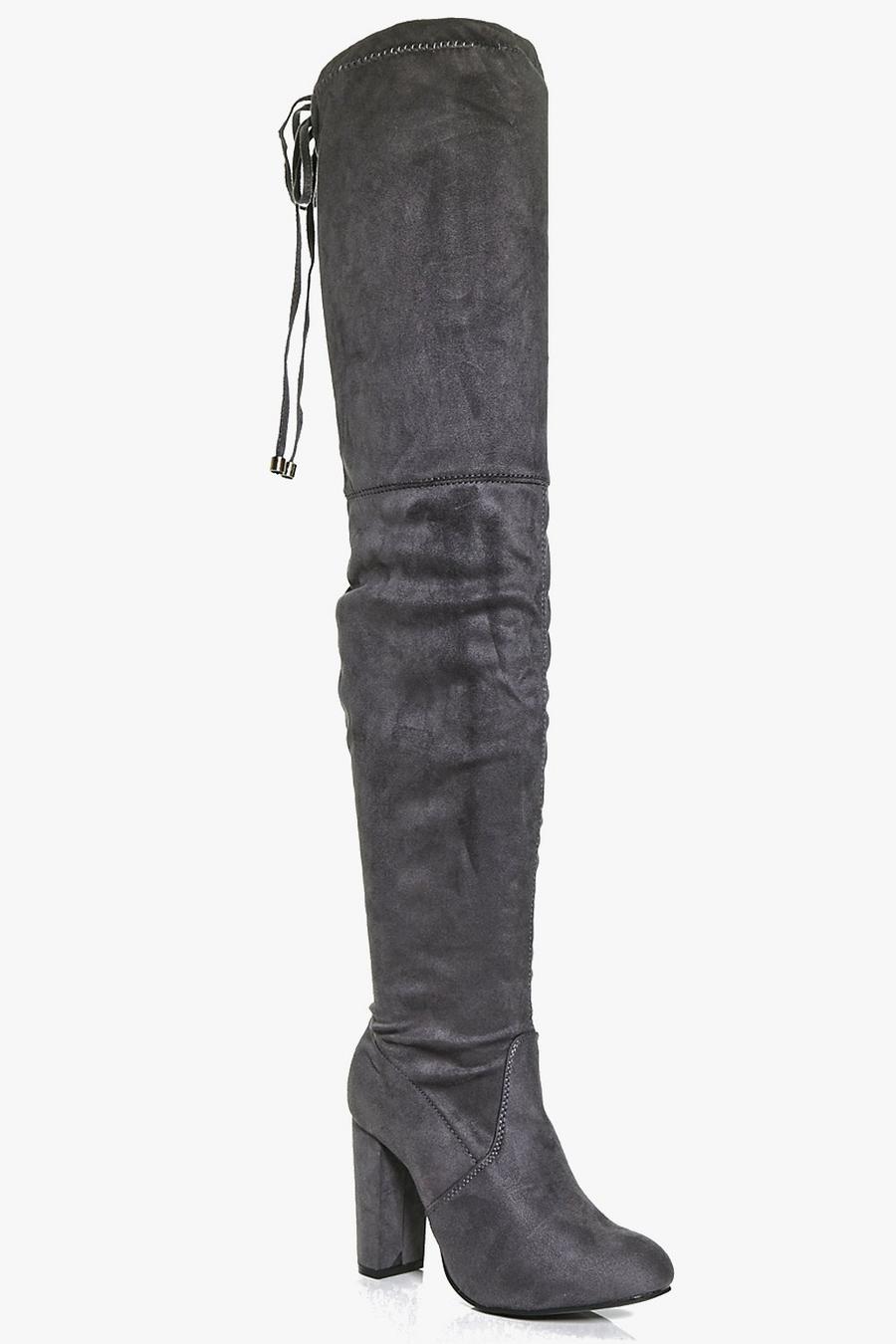 Grey Block Heel Tie Back Thigh High Boots image number 1