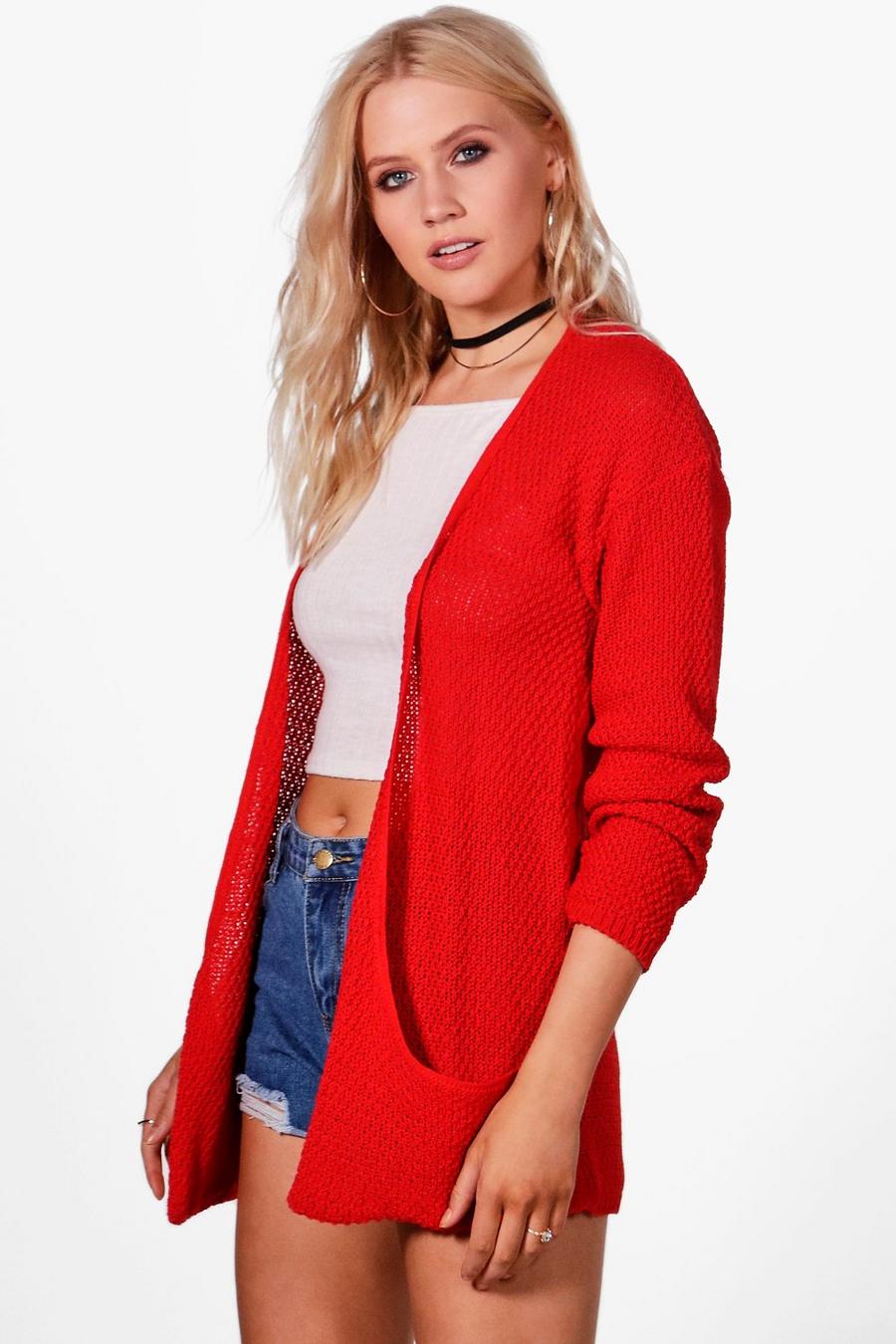 Red Loose Knit Slouchy Pocket Cardigan image number 1