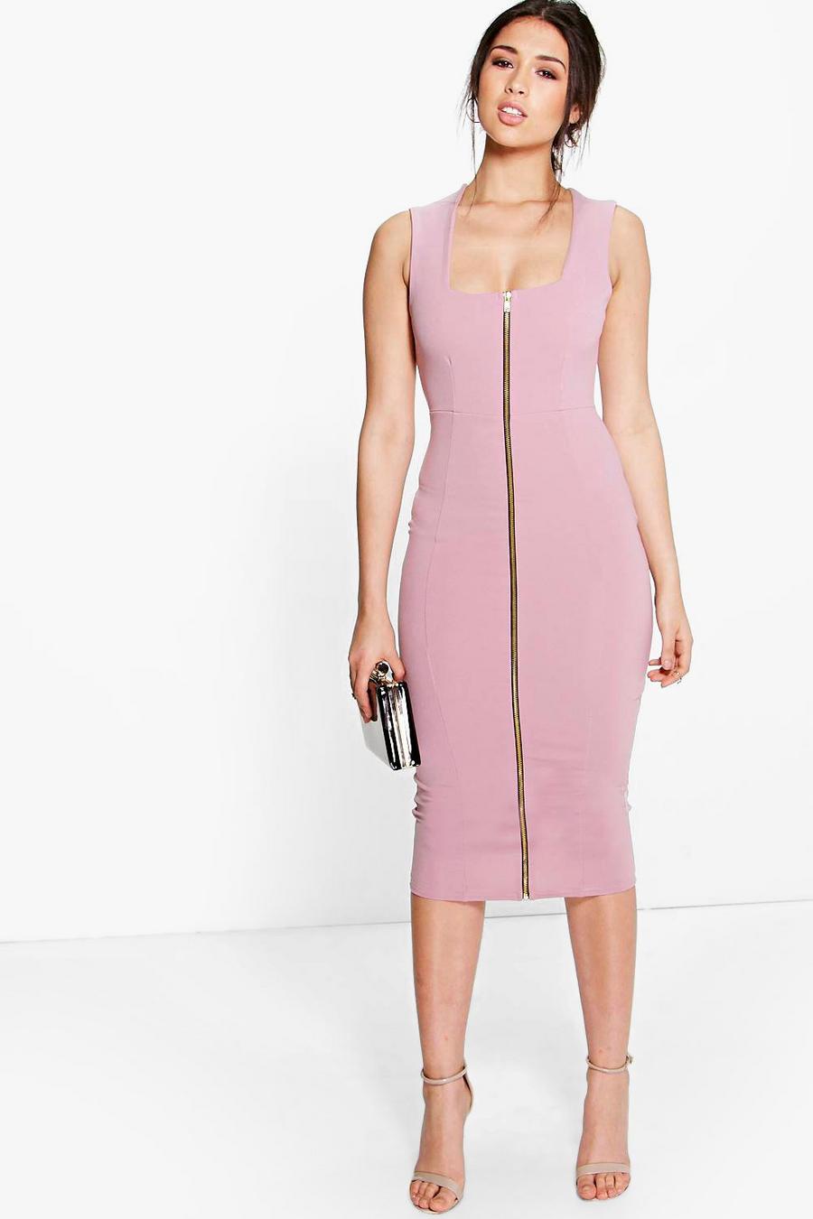 Mauve Sonia Square Neck Zip Front Bodycon Dress image number 1