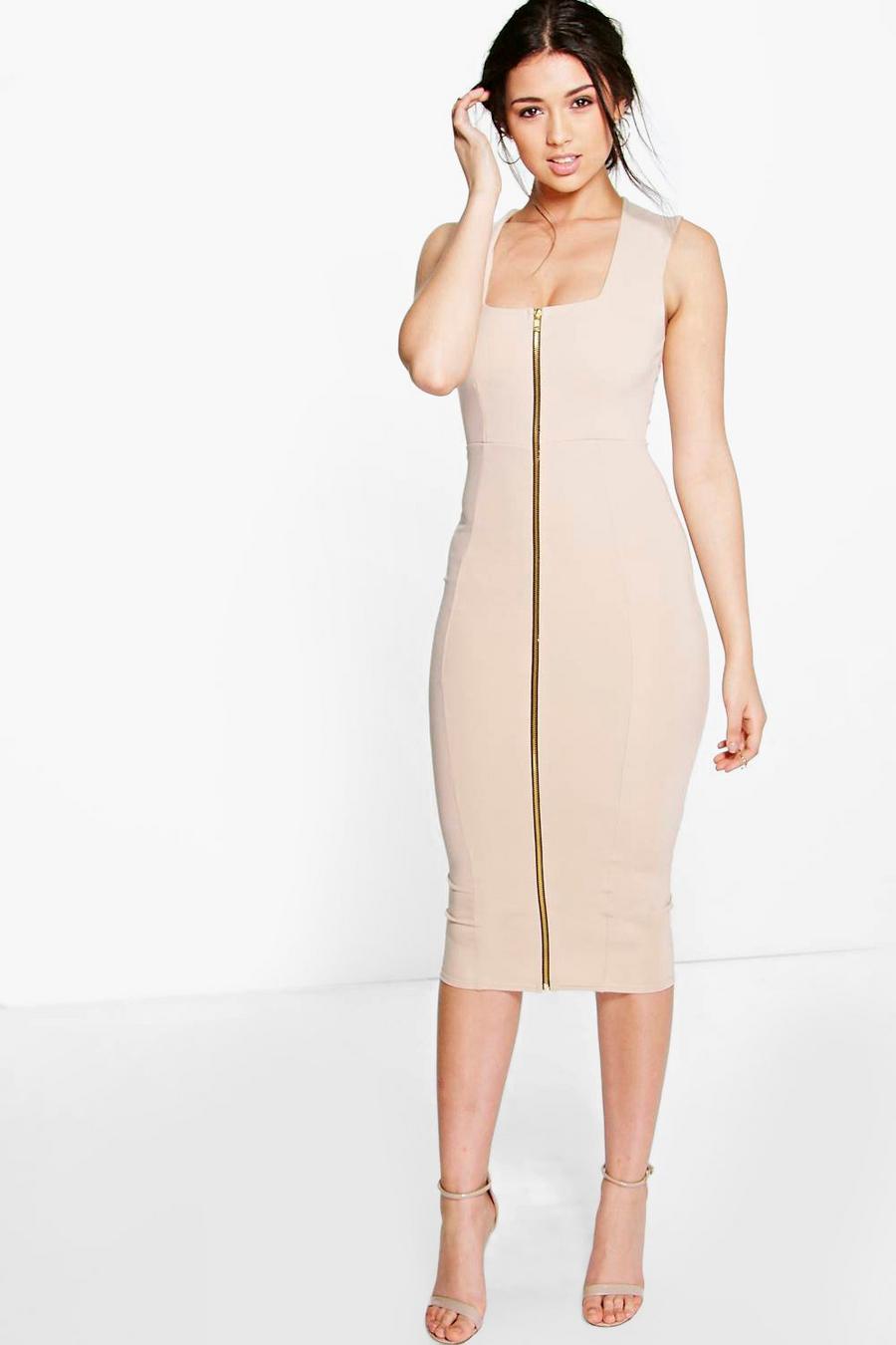 Stone Sonia Square Neck Zip Front Bodycon Dress image number 1