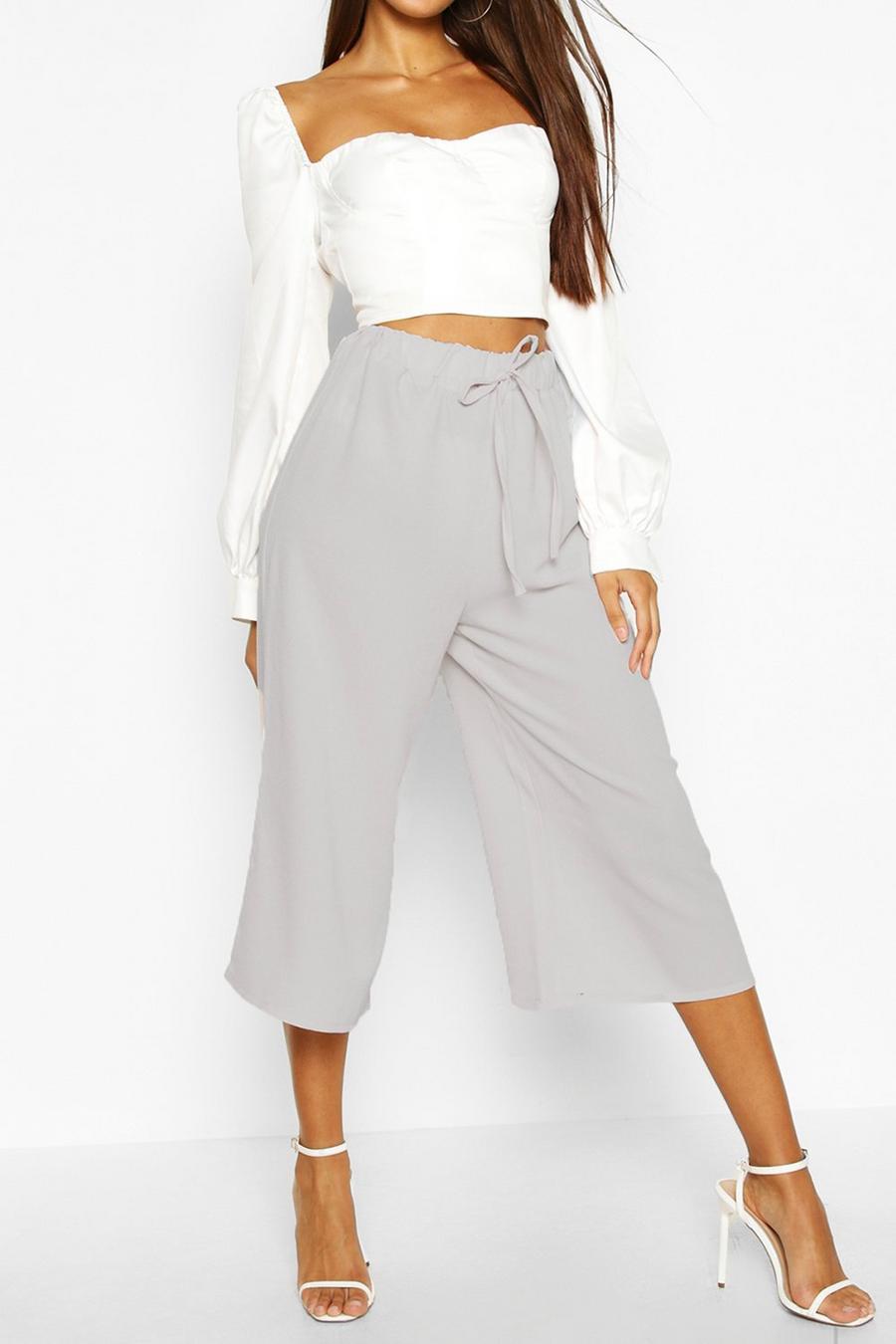 Grey Basic Tie Waist Woven Crepe Culottes image number 1