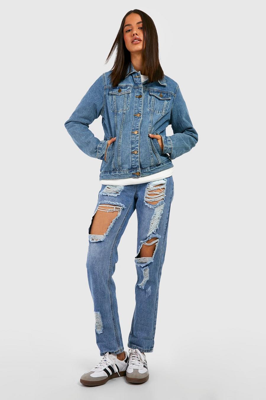 Zerrissene Mom Jeans mit hohem Bund und heller Waschung, Blau image number 1