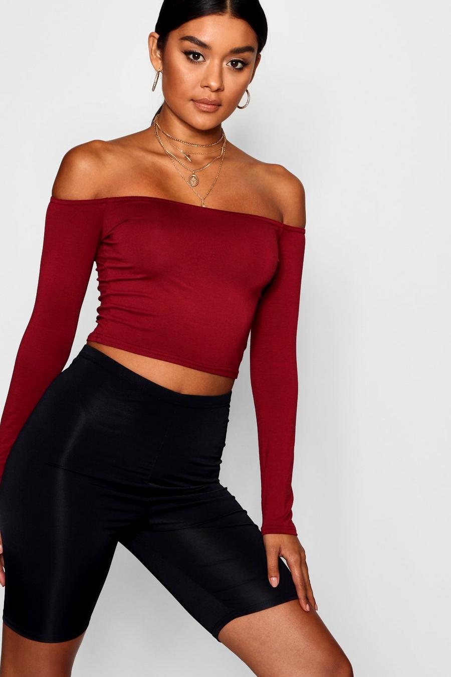 Wine Basic Long Sleeve Bardot Crop Top image number 1